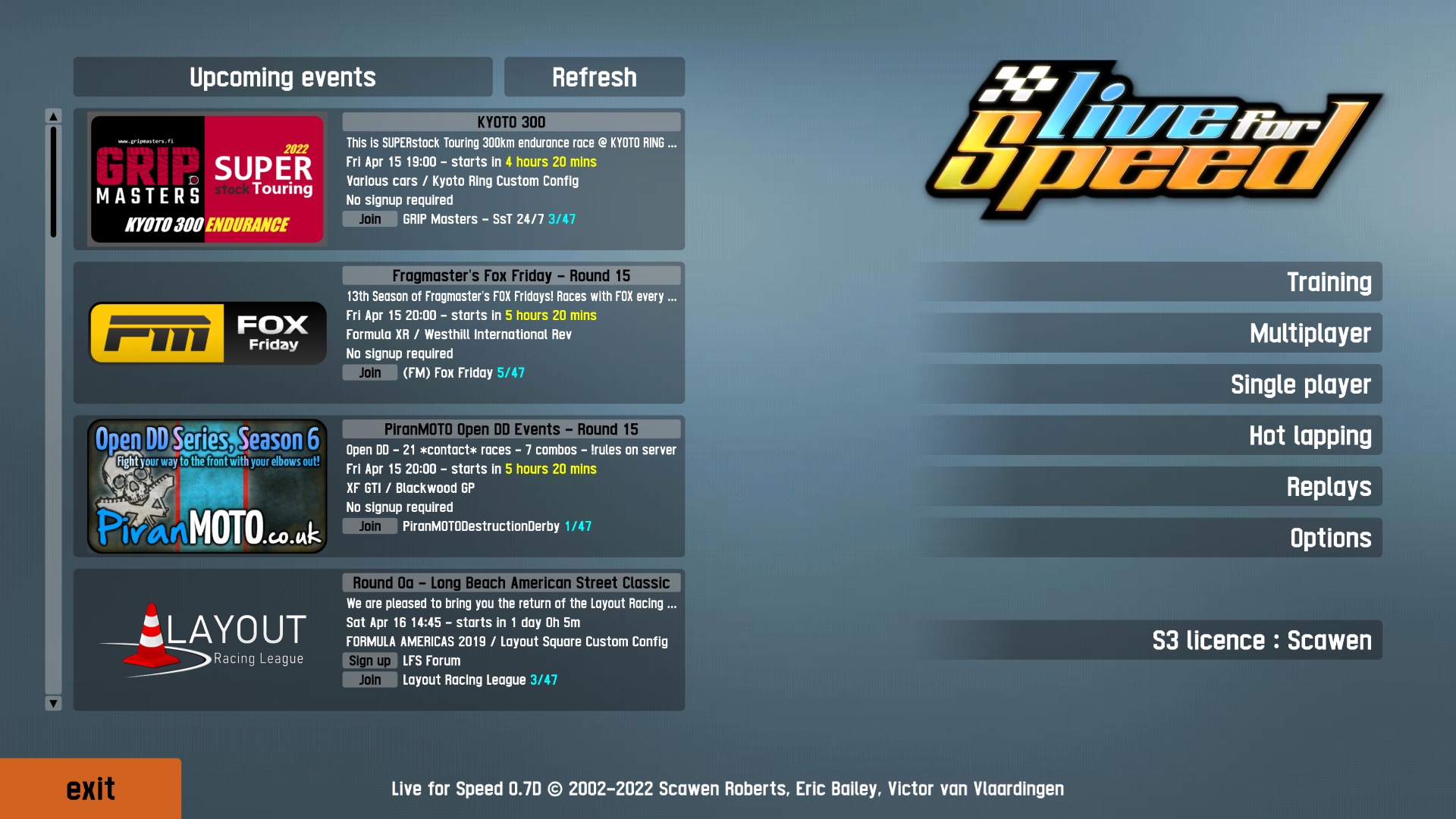LFS entry screen with event calendar LFS entry screen with event calendar
